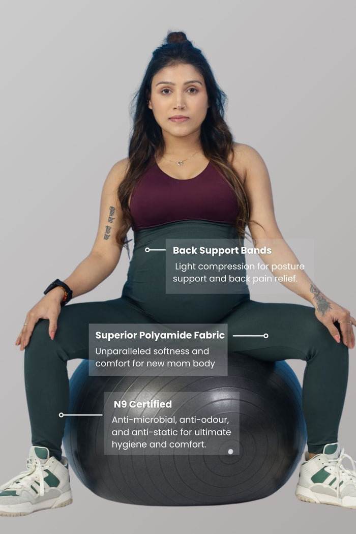 Green Leggings bump panel; panel provides support and adaptable fit for growing body.