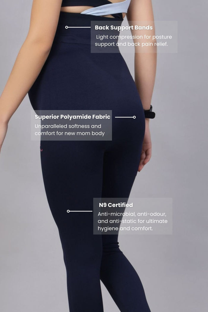 Model wearing Navy Blue Leggings; seamless design ensures smooth look.