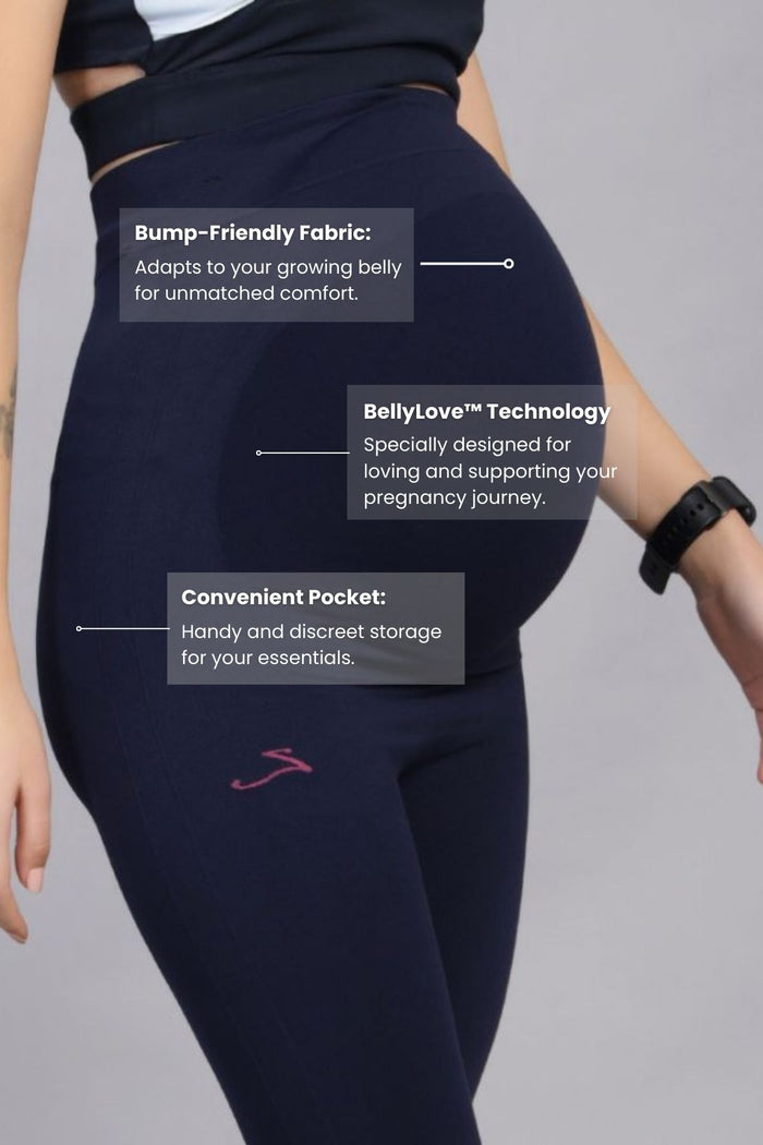 Navy Blue Leggings bump panel; panel provides support and adaptable fit for growing body.