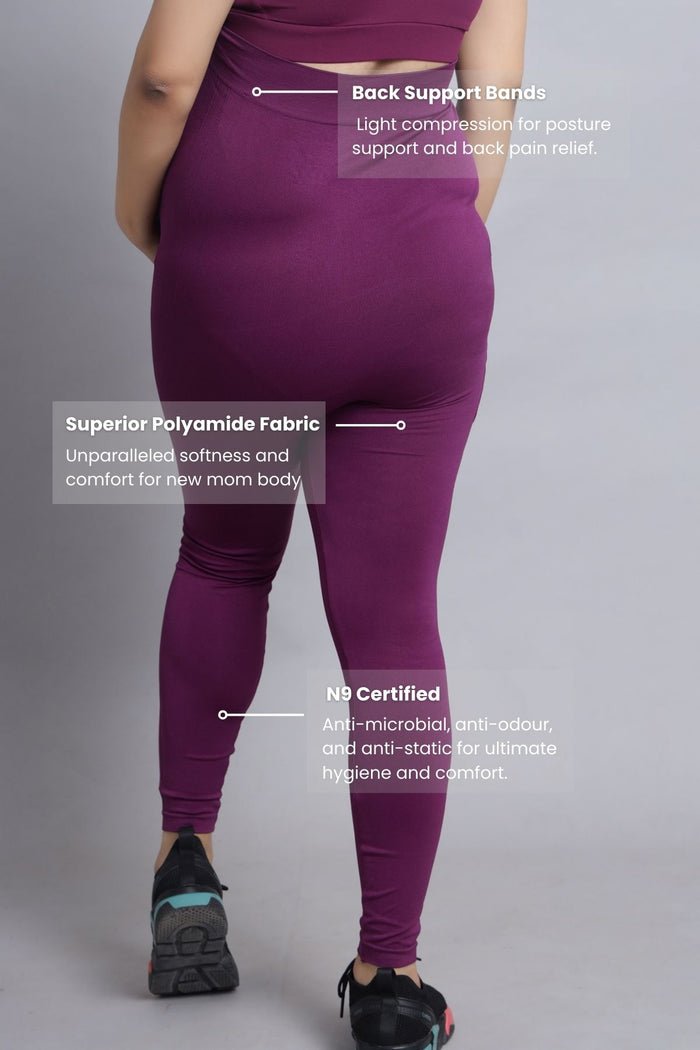 Wine Leggings bump panel; panel provides support and adaptable fit for growing body.