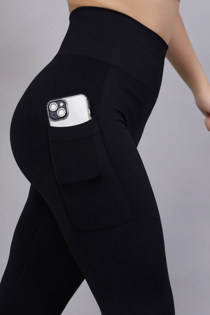 Black Postpartum Leggings; garment provides light compression for postpartum recovery.