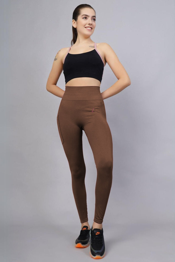 Brown Postpartum Legging; seamless design provides tummy compression and smooth shape.
