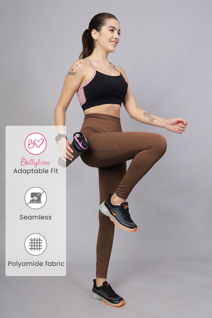 Model wears Brown Legging; high waist offers core support postpartum.