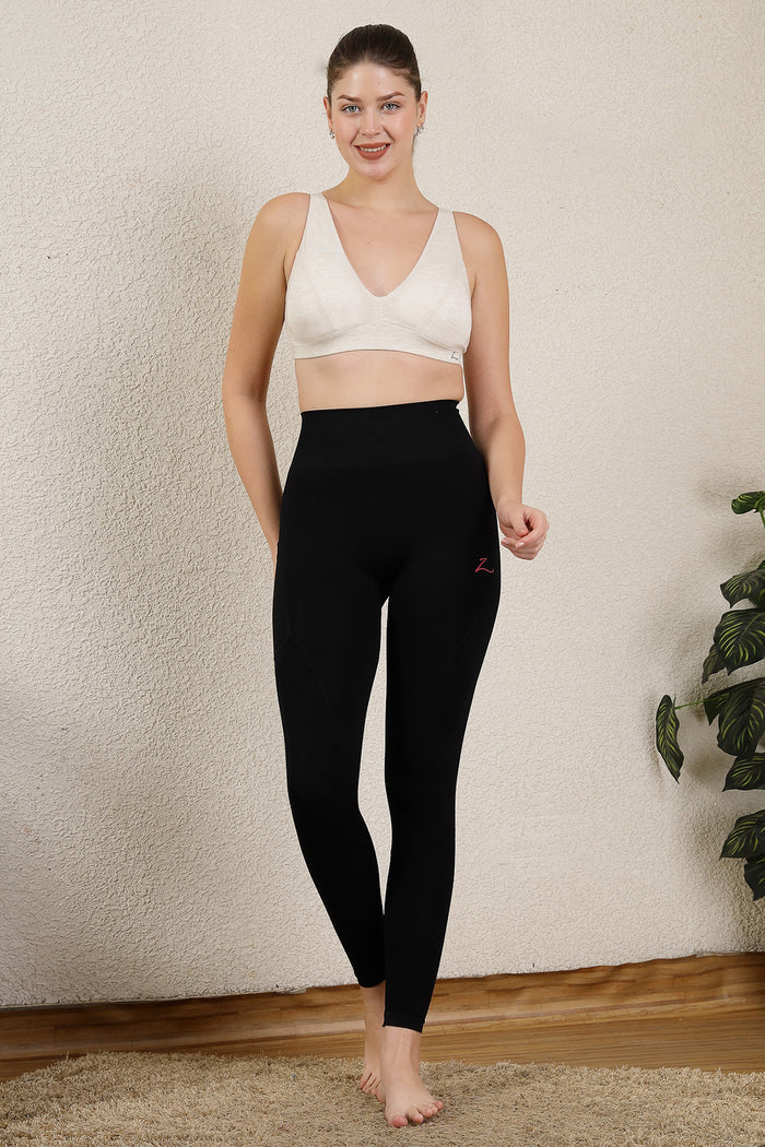 Black Jacquard Postpartum Legging; seamless design provides tummy compression and smooth shape.