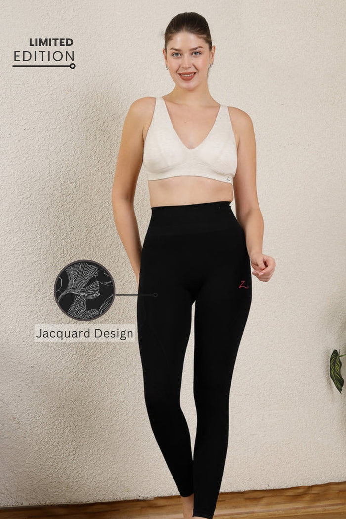 Model wears Black Jacquard Legging; high waist offers core support postpartum.