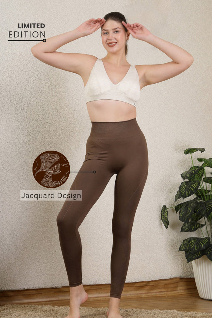 Model wears Brown Jacquard Legging; high waist offers core support postpartum.