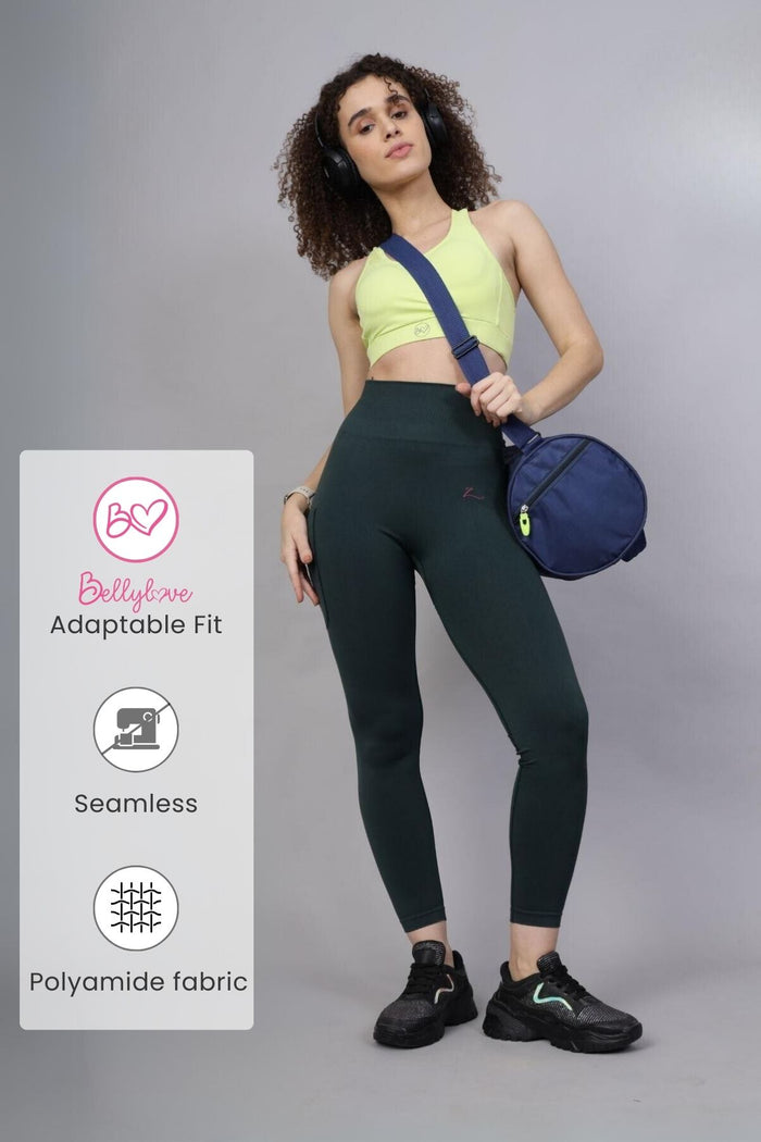 Green Seamless Leggings; high waist panel provides smooth tummy compression.