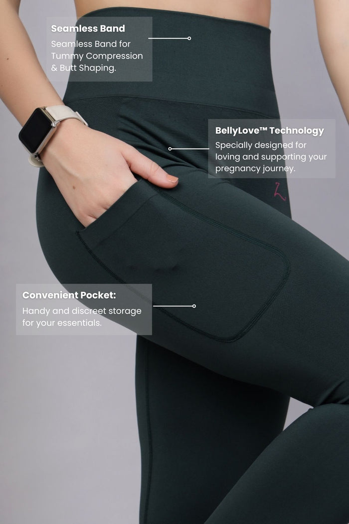 Model wearing Green Seamless Leggings; fabric offers smooth compression fit.