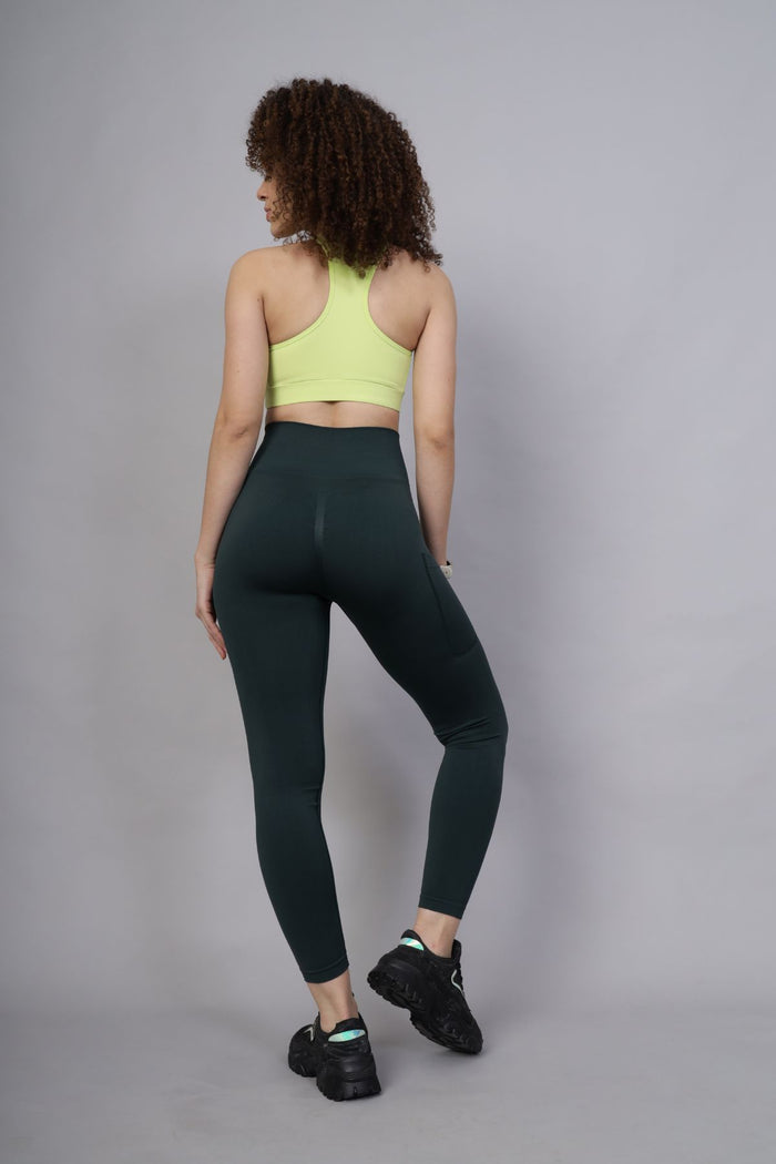 Green Postpartum Leggings; garment provides light compression for postpartum recovery.