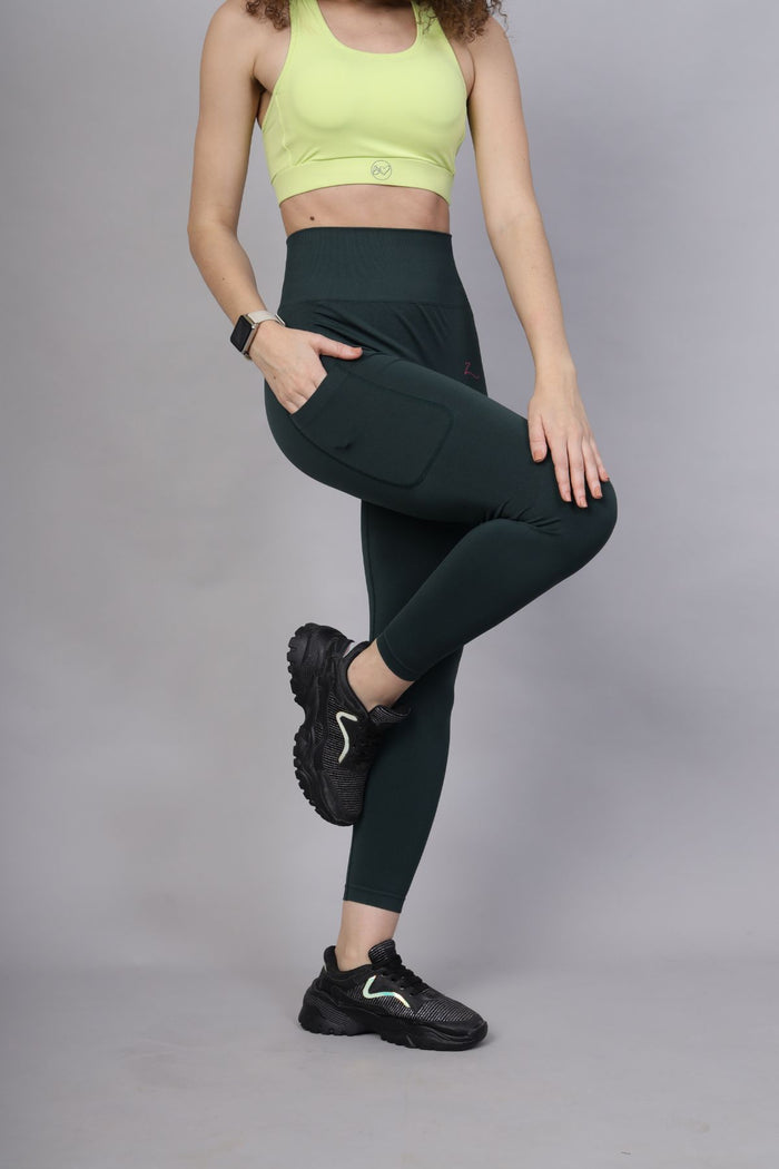 Green Leggings; tummy compression offers core support after delivery.