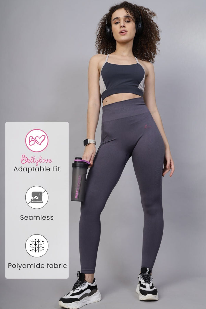 Grey Seamless Leggings; high waist panel provides smooth tummy compression.