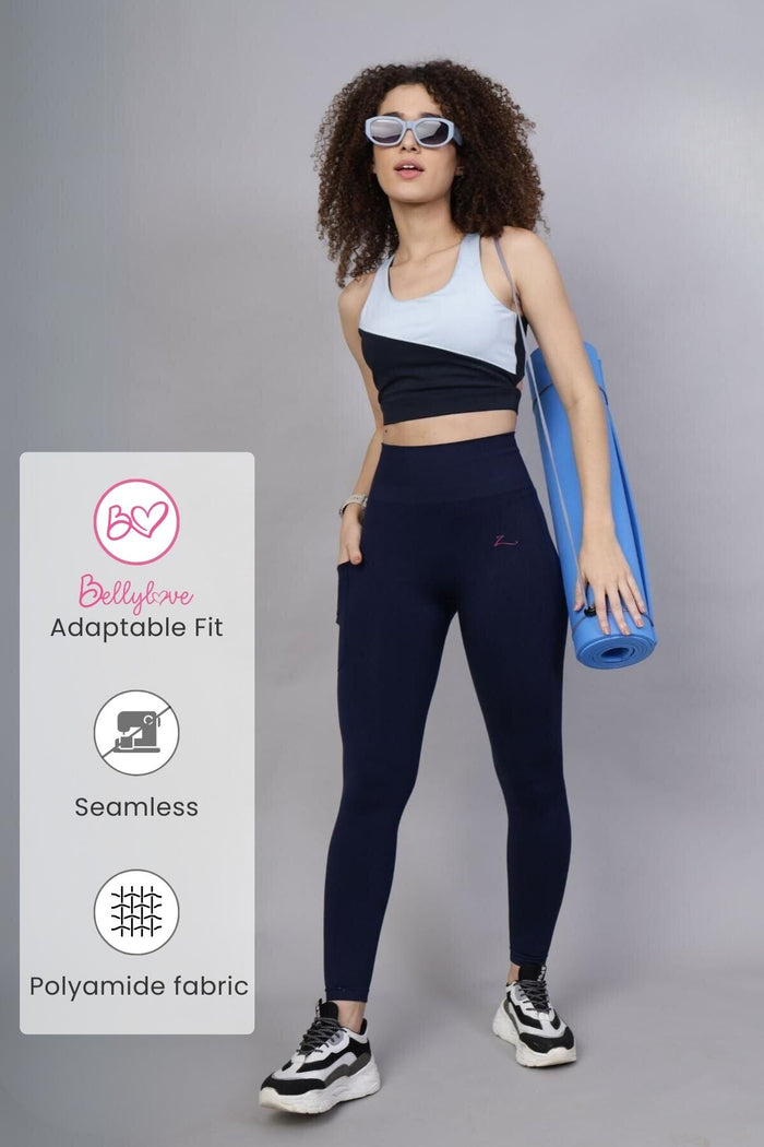 Navy Blue Seamless Leggings; high waist panel provides smooth tummy compression.