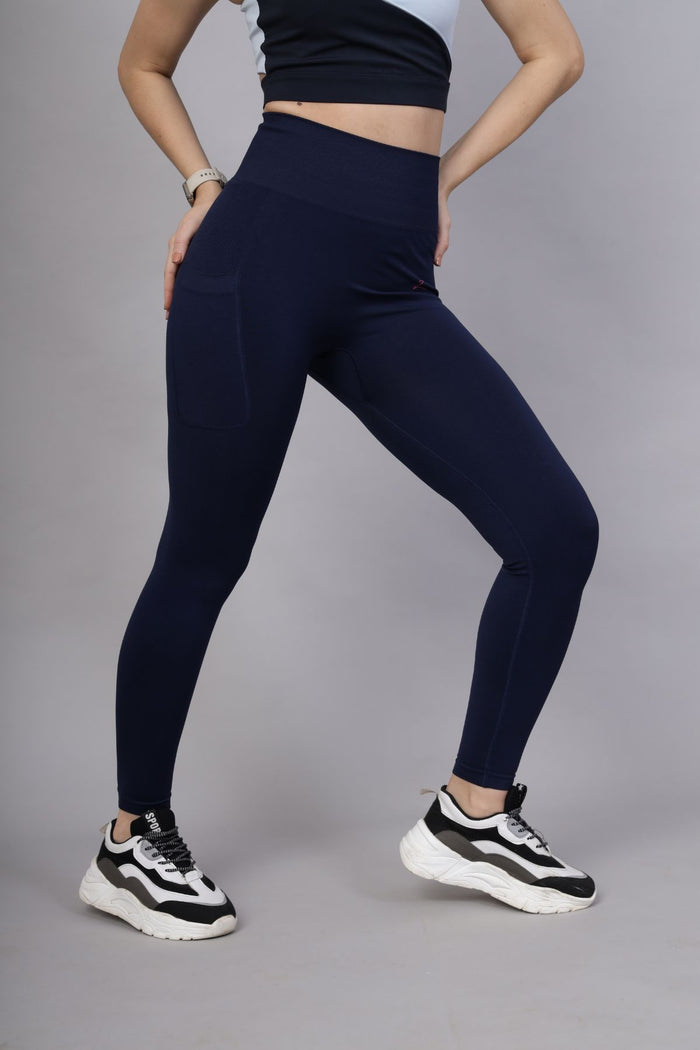 Navy Blue Postpartum Leggings; garment provides light compression for postpartum recovery.