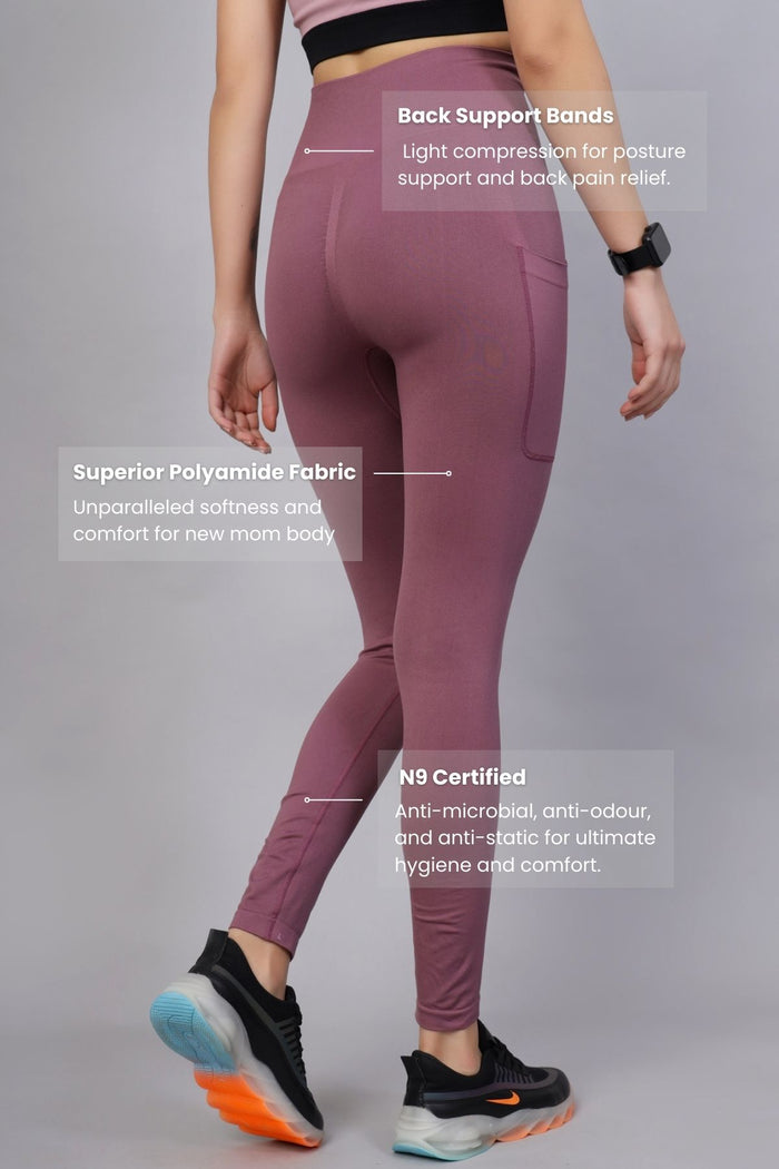 Model wearing Tulipwood Seamless Leggings; fabric offers smooth compression fit.
