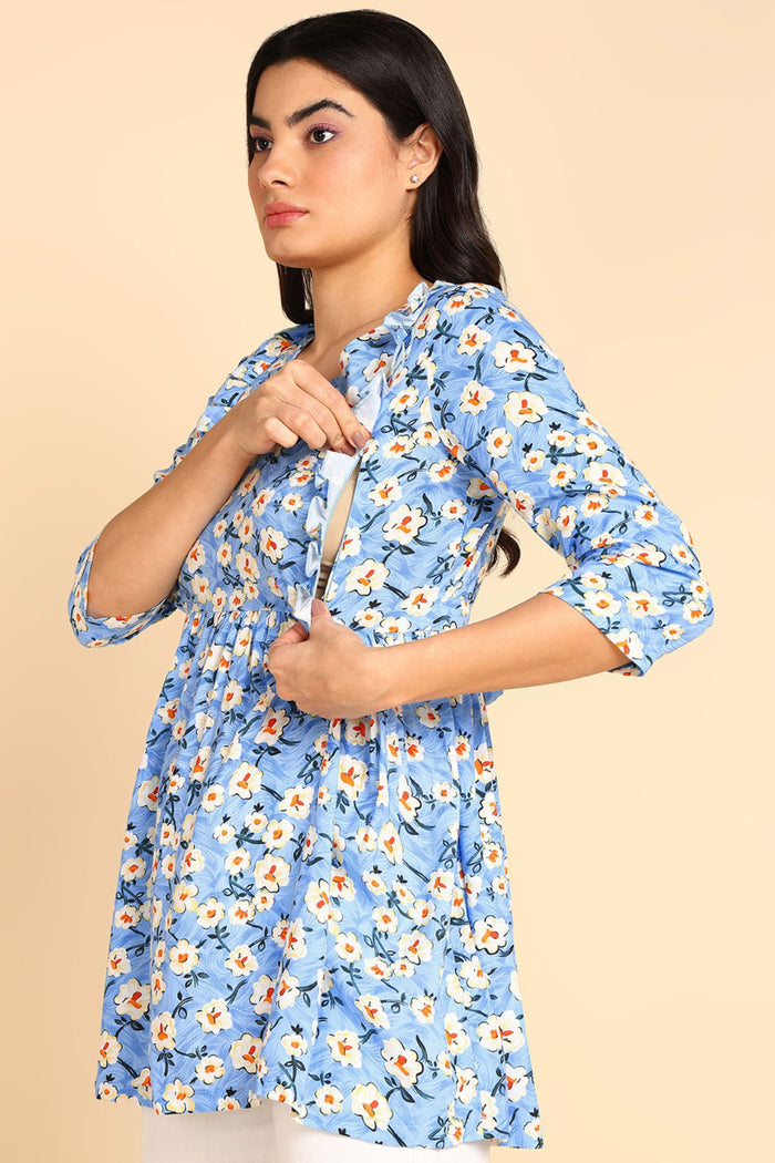 Model wearing Aqua Blue Top; garment provides coverage and fit for a changing body.