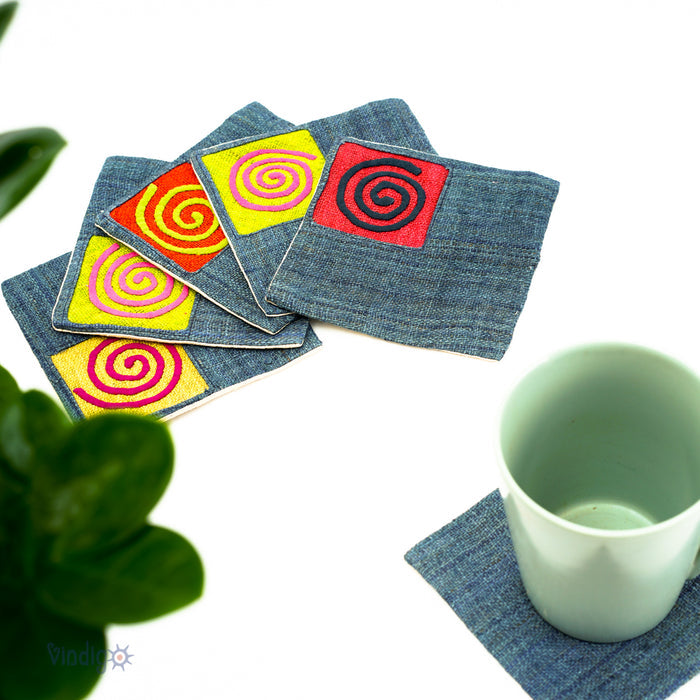 Set of Blue Hemp coaster with embroidered patch