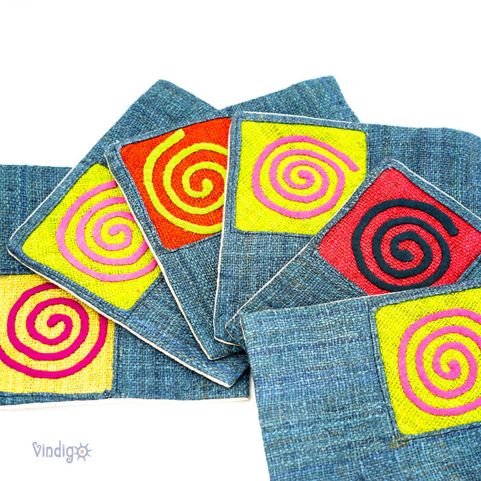 Set of Blue Hemp coaster with embroidered patch