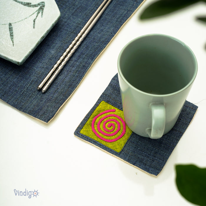 Set of Blue Hemp coaster with embroidered patch
