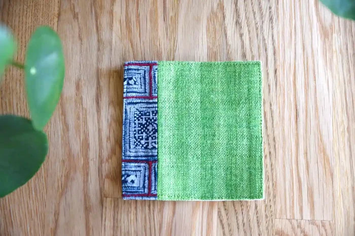 Close-up of traditional indigo border on hemp coaster
