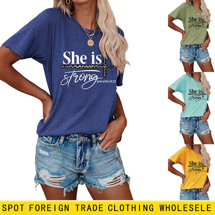 She Is Strong Letter Printed Round Neck Short Sleeved T-shirt