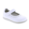 A white Mary Jane school shoe with a hook-and-loop strap, decorative perforations on the vamp, and a light gray textured interior, shown on a plain white background.