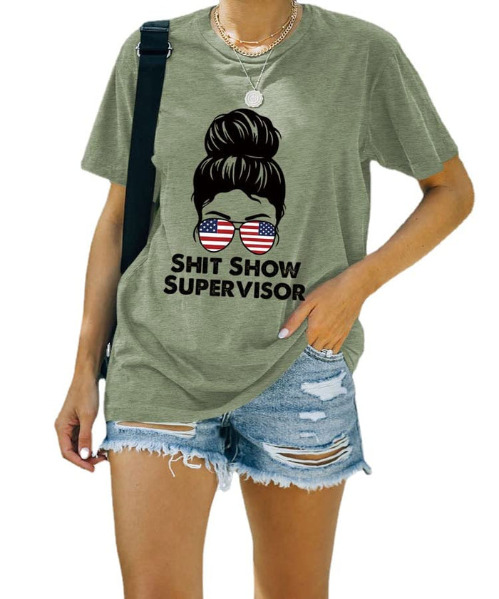 Shit Show Supervisor Tee Women Casual Messy Bun Bleached T-Shirt