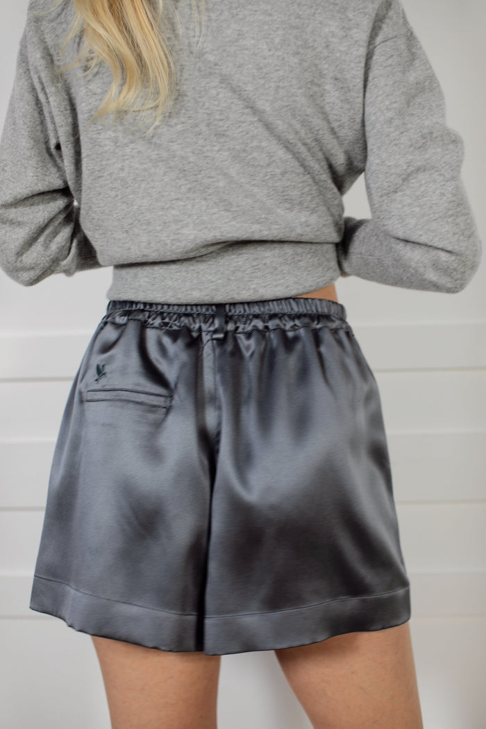 Signature Edit Anthracite Lounge Shorts waistband detail, worn with a grey knit.