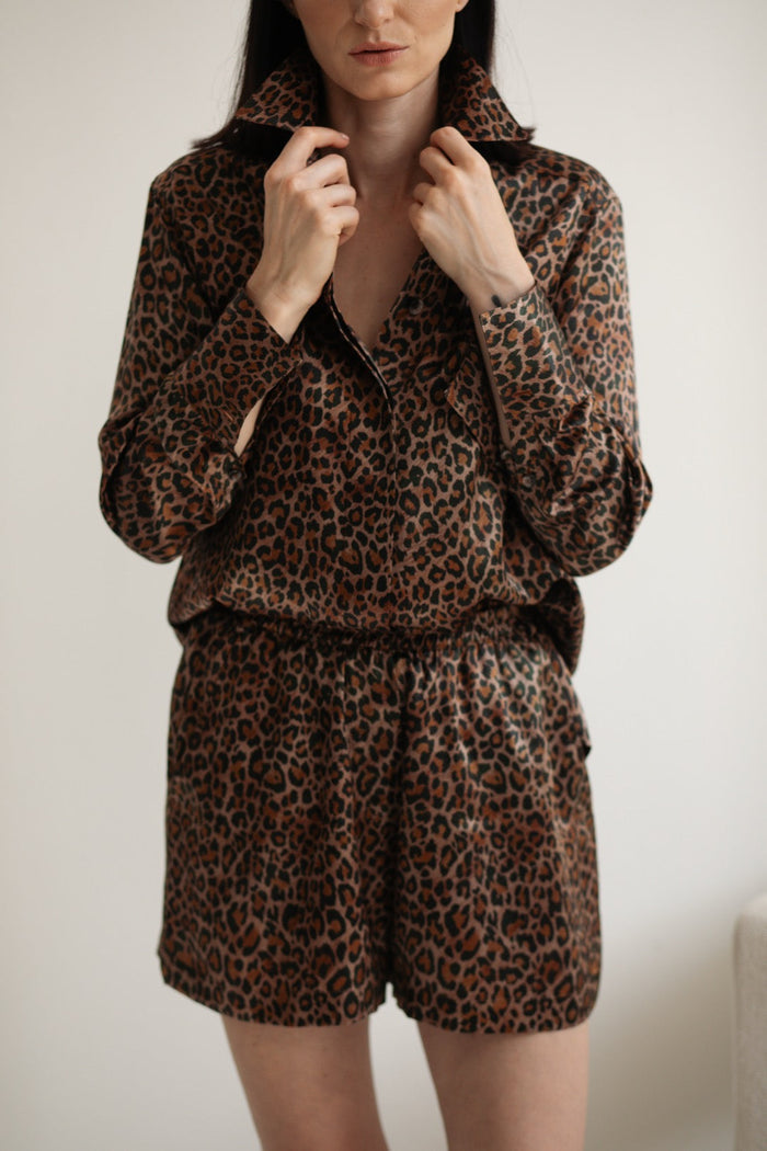 Silk Edit Leopard Lounge Shorts worn as a set, front view.