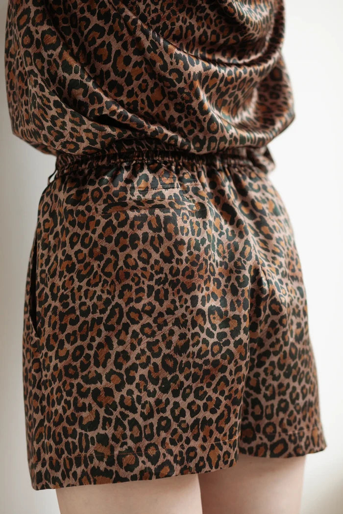 Silk Edit Leopard Lounge Shorts waistband detail, worn as a set.