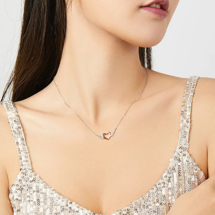 Silver 925 Heart with Wings Minimalist Simple Chain Necklace for Women Rose Gold Color Jewelry Bijoux