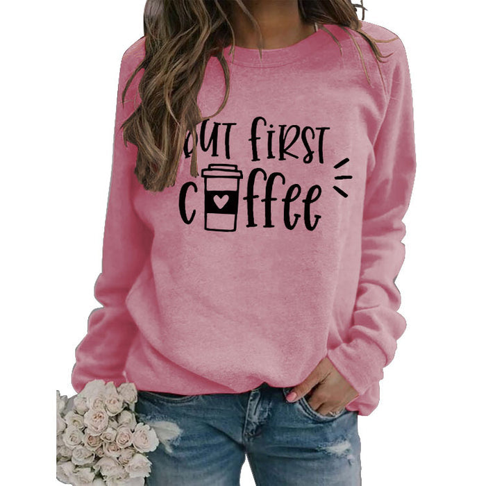 Simple Pullover Top Long Sleeve But First Coffee Printed Loose Sweater