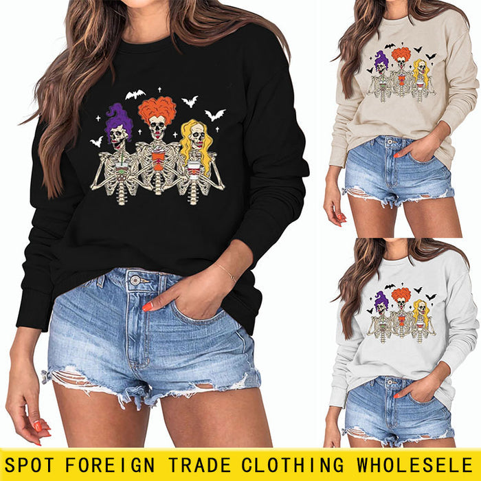 Skull Bat Print Loose Crewneck Long Sleeves Plus-size Sweatshirt Woman