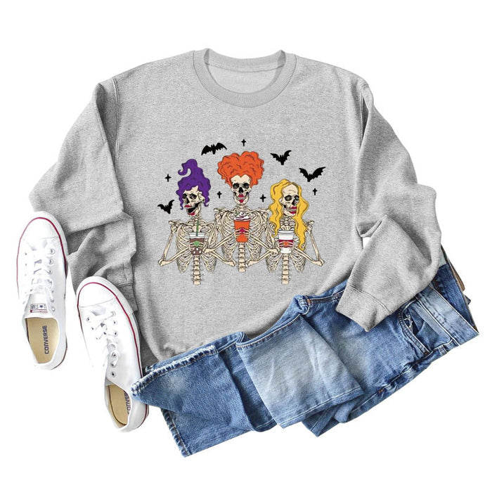 Skull Bat Print Loose Crewneck Long Sleeves Plus-size Sweatshirt Woman