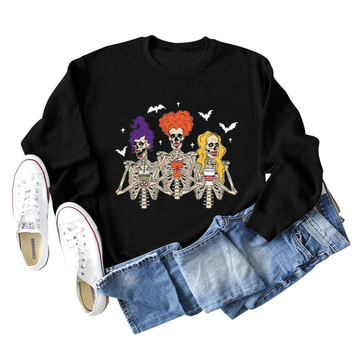 Skull Bat Print Loose Crewneck Long Sleeves Plus-size Sweatshirt Woman