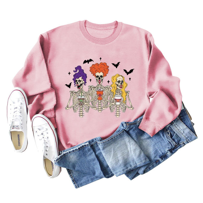 Skull Bat Print Loose Crewneck Long Sleeves Plus-size Sweatshirt Woman