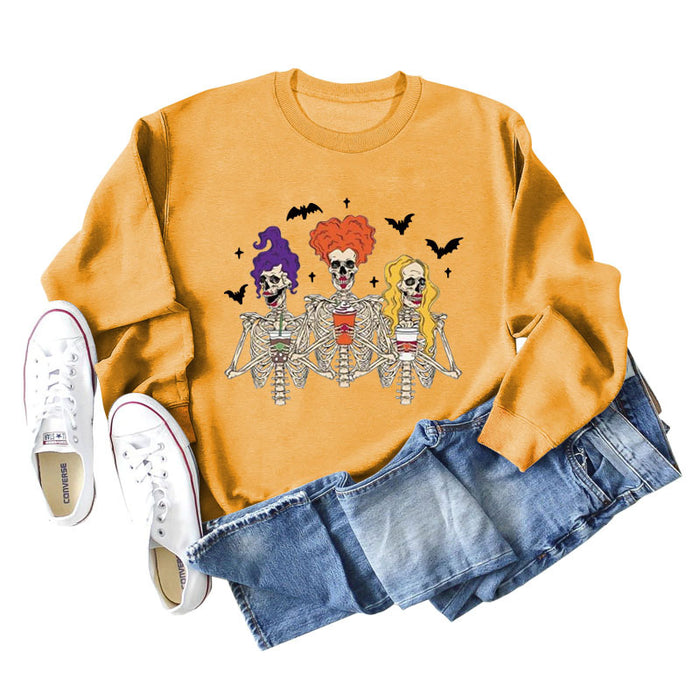 Skull Bat Print Loose Crewneck Long Sleeves Plus-size Sweatshirt Woman