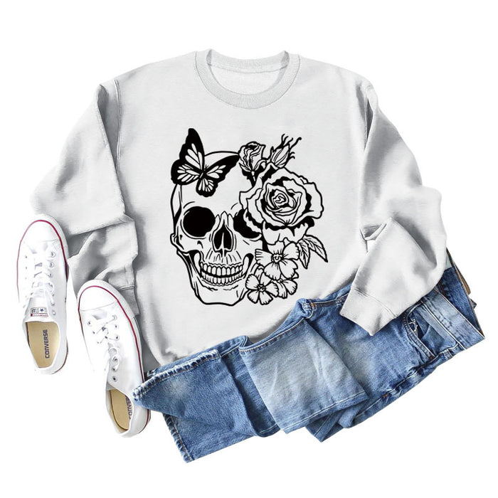 Skull Butterfly Rose Long Sleeve Shirt Women's Sweater