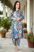 Sky Blue Kurti Polyester Kurta Set: Zipless Buttons for easy feeding, featuring a Relaxed Fit silhouette.