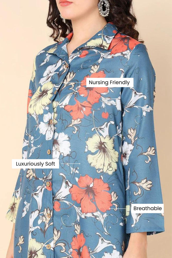 Full-length model shot of the Sky Blue Kurti set. Emphasizes the Relaxed Fit and comfortable drape.