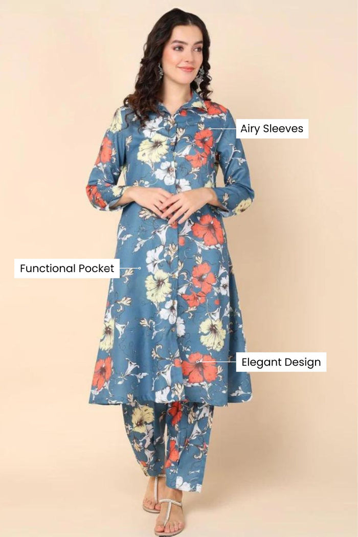 Close-up of the Zipless Buttons detail on the Sky Blue Kurti Polyester Kurta Set, showing discreet nursing access.