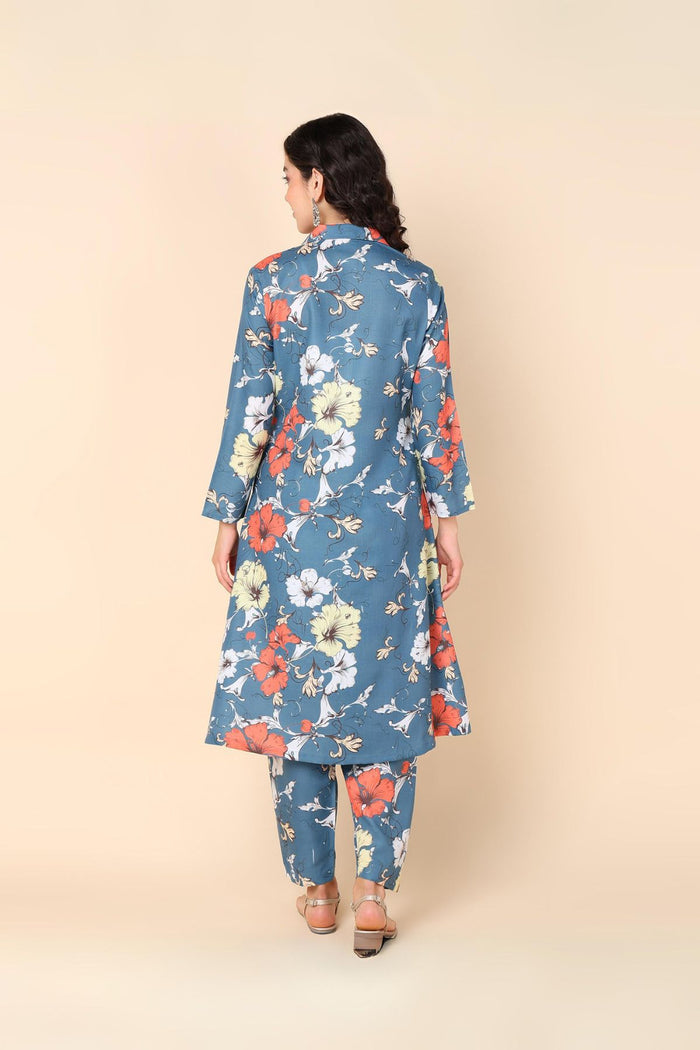 Comfortable Polyester fabric texture of the Sky Blue Kurti set, ideal for maternity and postpartum.