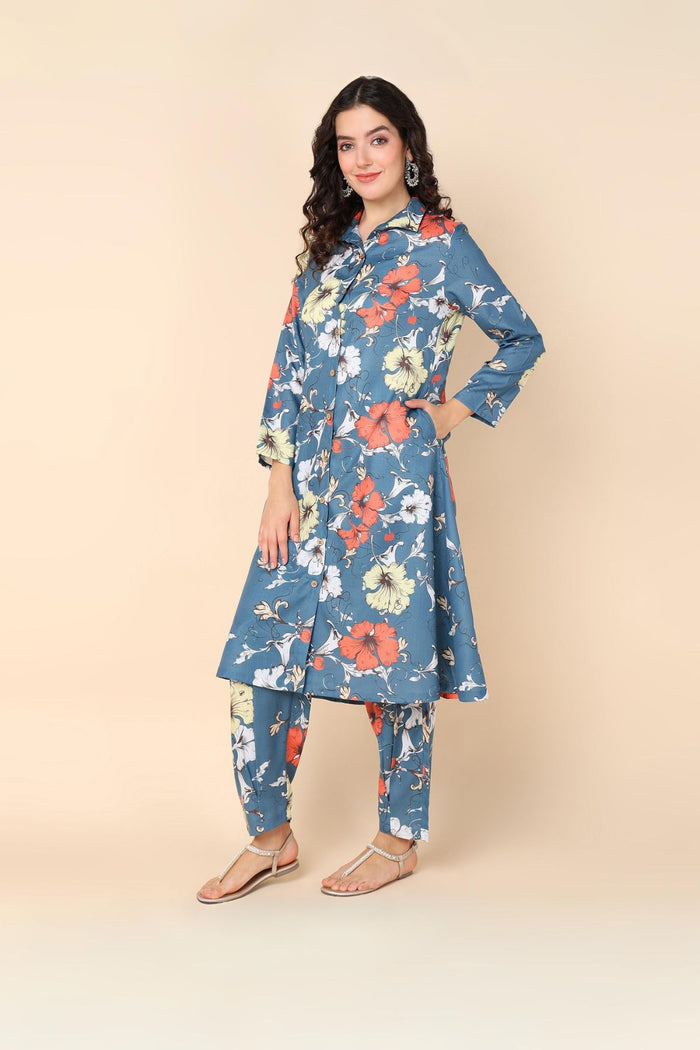 Comfortable Polyester fabric texture of the Sky Blue Kurti set, ideal for maternity and postpartum.