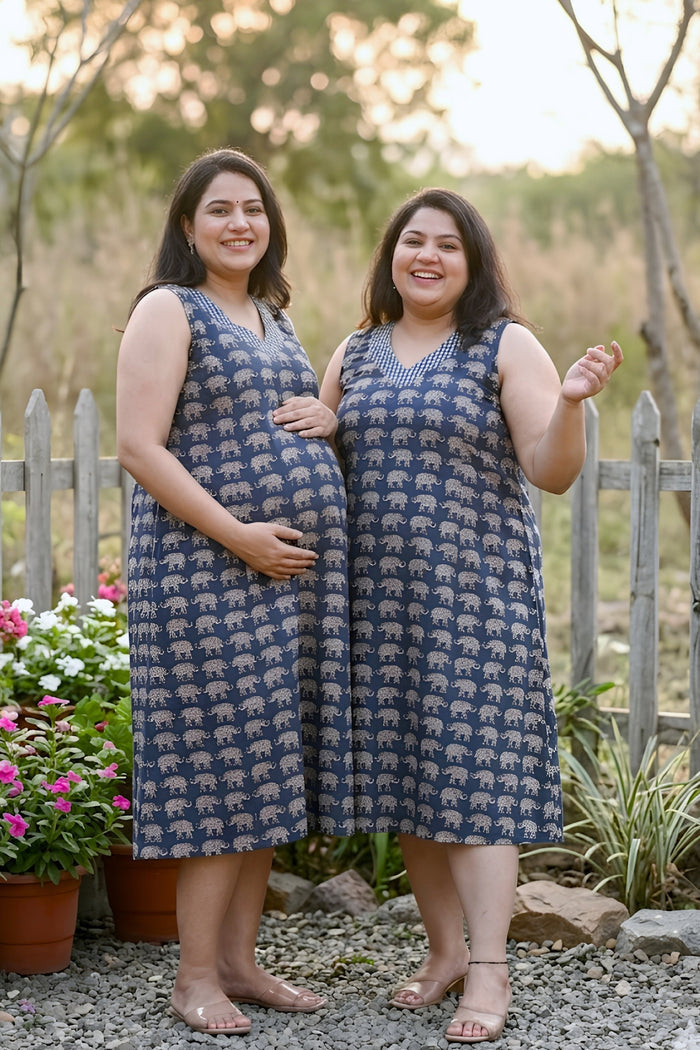 Sleeveless All Over Printed Maternity Feeding Dress - Navy
