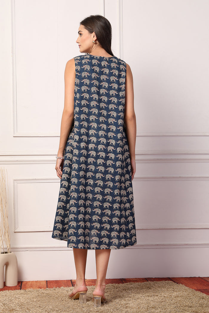 Sleeveless All Over Printed Maternity Feeding Dress - Navy