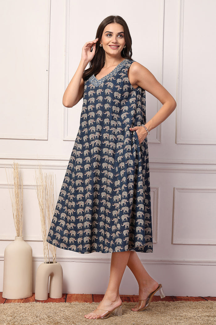 Sleeveless All Over Printed Maternity Feeding Dress - Navy