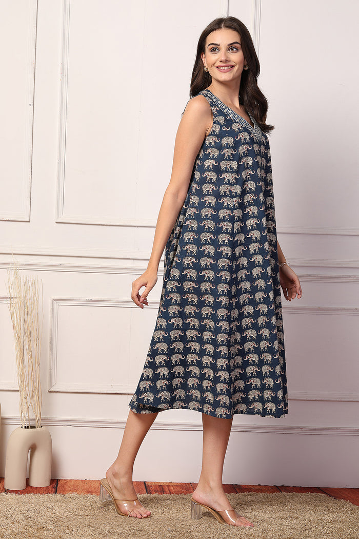 Sleeveless All Over Printed Maternity Feeding Dress - Navy