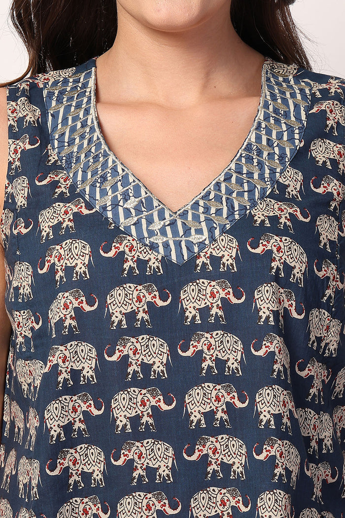 Sleeveless All Over Printed Maternity Feeding Dress - Navy