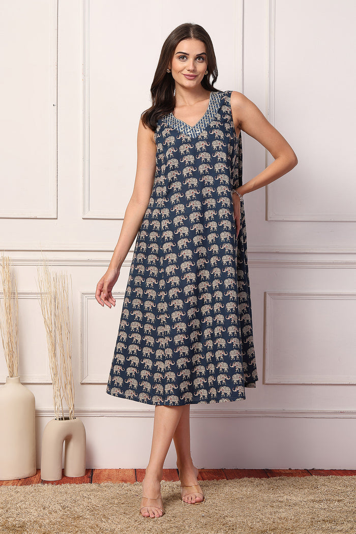 Sleeveless All Over Printed Maternity Feeding Dress - Navy