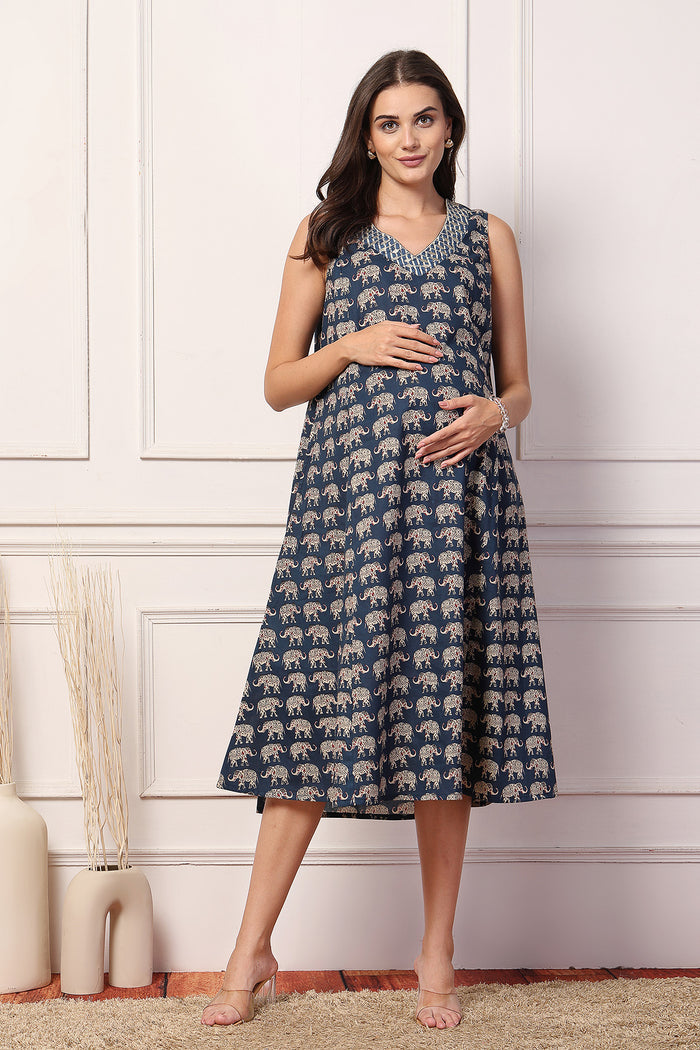 Sleeveless All Over Printed Maternity Feeding Dress - Navy