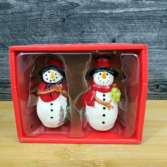 Snowman Salt Pepper Set Christmas Holiday Ceramic Blue Sky Heather Goldminc